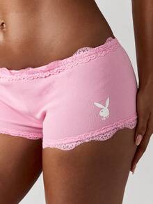 Missguided x Playboy Quần short nam có gân, viền ren siêu mềm, quần lót nam cạp vừa, quần short cotton pha thoải mái, mặc ngủ hàng ngày, mặc nhà - Hồng - Xem 5