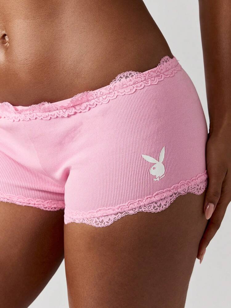 Missguided x Playboy Ribbed Boy Shorts Ultra Soft Lace Trim Boyshorts Underwear Mid Rise Comfortable Cotton Blend Shorts Sleep Lounge Everyday Wear Loungewear Bottom