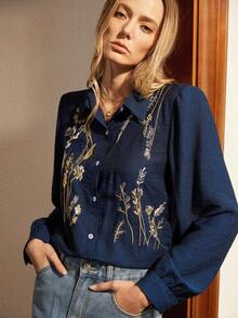 Écloséra Daily Casual Versatile Loose Embroidery Long-Sleeved Women's Autumn And Winter Loose Tops Shirts Women's Shirts Women's Shirts Long-Sleeved Tops Women's Elegant Shirts Women's Casual Shirts - Navy Blue - View 3