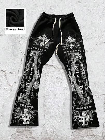 Street Life Pantalones de chándal casuales con cintura con cordón y estampado de cruz y letras para hombre