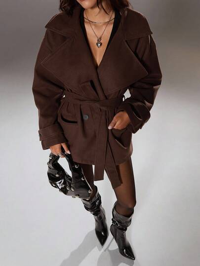 TRNVIE 1pc Women's Brown Oversized Collar Casual/Office/Daily Vintage Fashion Commuter Overcoat, Casual, Commuter, Elegant, Retro