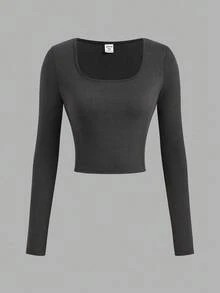 SHEIN Girlism Teen Girls' Casual Solid Color Fitted Long Sleeve T-Shirt, Autumn - Multicolor - View 8