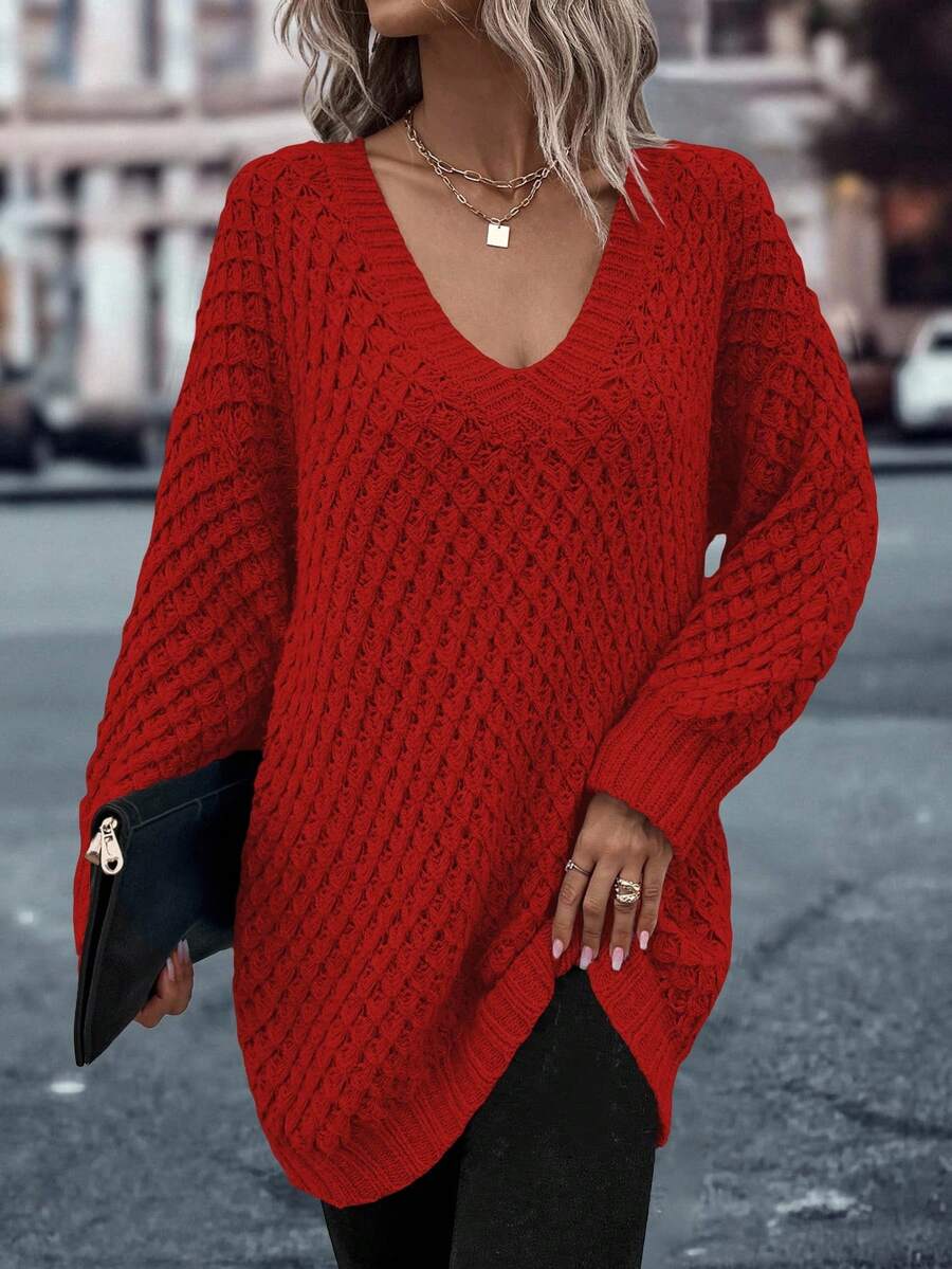 EMERY ROSE Casual Loose Solid Color Long Sleeve Pullover Sweaters For Women - Red - View 1