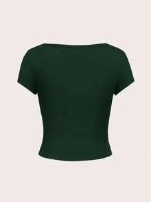 SHEIN EZwear 休闲简约深绿色圆领插肩袖修身女式 T 恤 - 墨綠色 - 查看 3