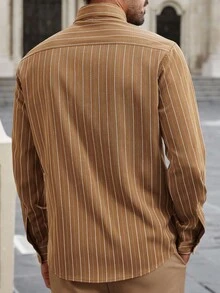 Manfinity Bizformal 男士商务休闲通勤条纹衬衫，秋季 - 卡其色 - 查看 2
