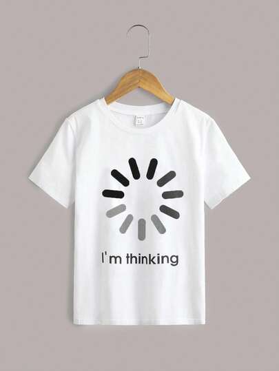 قميص تي شيرت بياقة طاقم وأكمام قصيرة مطبوع عليه شعار رياضي لصبية المراهقين