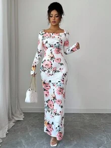 Elenzga 女式优雅花卉印花鱼尾下摆连衣裙，秋季 - 彩色 - 查看 4