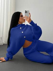 EURMUSE 2 Pieces Ribbed Knit Lounge Set Featuring Asymmetrical Sweater With Decorative Bow Accents And Matching High-Waisted Pants - Royal Blue - View 3