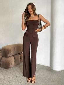 Aloruh Women's Minimalist Coffee Color Jumpsuit Pants For Commuting - Coffee Brown - View 5