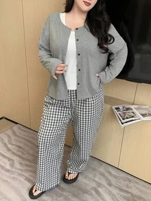 Dazy Plus 3pcs Solid Color Tank Top, Robe & Plaid Pants Pajama Set, Fashionable Plus Size Women Casual Sleepwear, Cozy Outfit Fall Winter Clothes