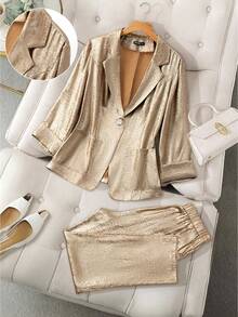 GlowEve CURVE Bộ vest công sở thời trang đa năng cỡ lớn dành cho nữ, thiết kế tối giản thanh lịch cho việc đi lại hàng ngày - Vàng - Xem 1