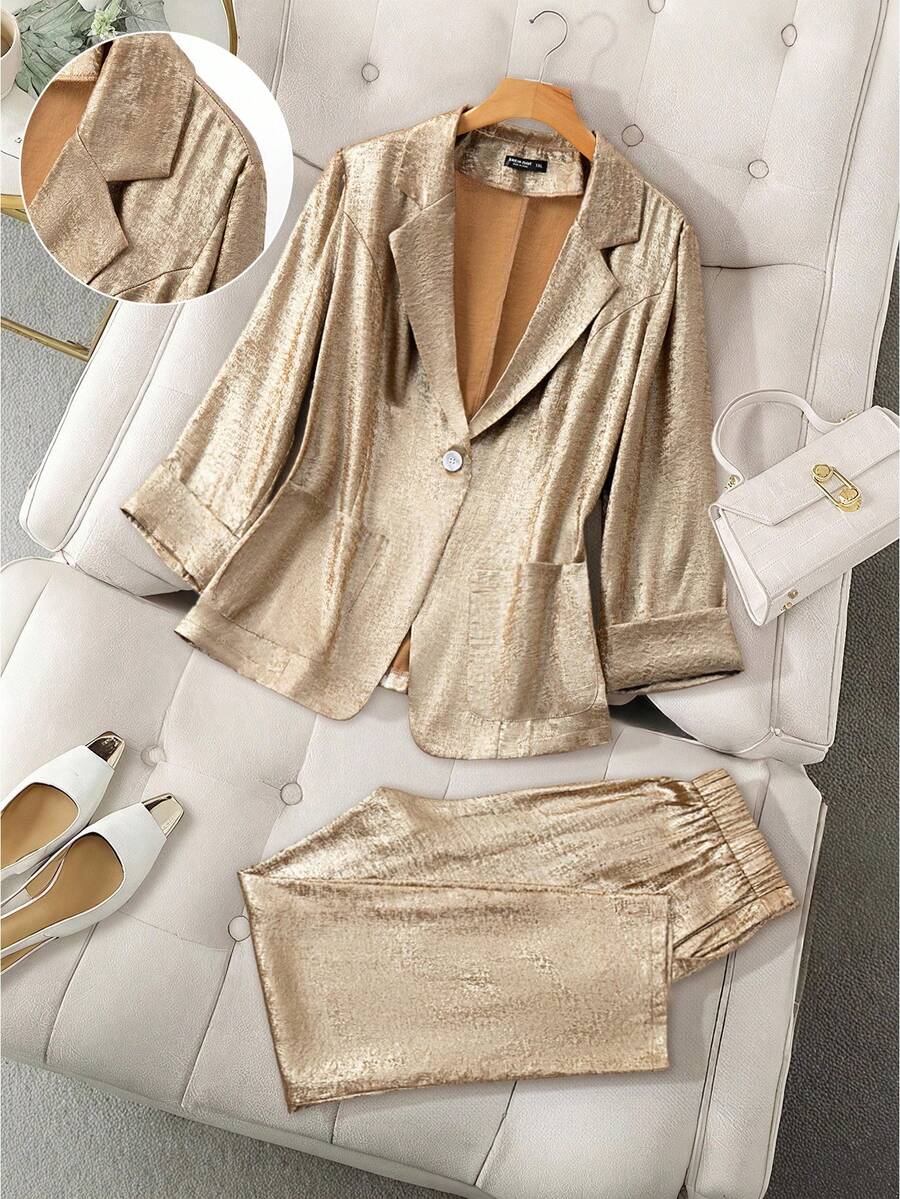 GlowEve CURVE Bộ vest công sở thời trang đa năng cỡ lớn dành cho nữ, thiết kế tối giản thanh lịch cho việc đi lại hàng ngày - Vàng - Xem 1