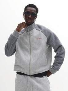 Áo khoác thể thao dáng ngắn SUMWON có khóa kéo toàn thân, cổ cao, tay raglan thể thao, kiểu dáng đường phố, thích hợp mặc ở nhà. Màu trơn. - Xám - Xem 1