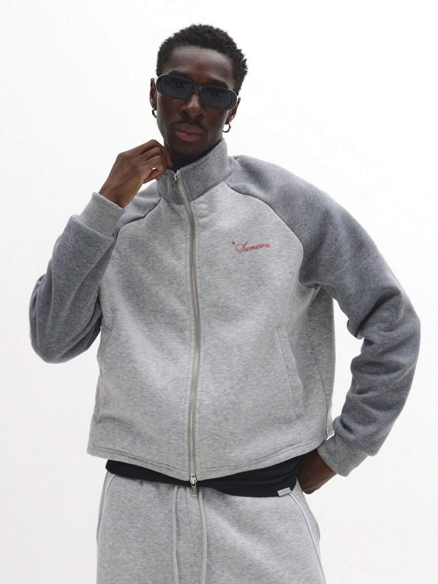 Áo khoác thể thao dáng ngắn SUMWON có khóa kéo toàn thân, cổ cao, tay raglan thể thao, kiểu dáng đường phố, thích hợp mặc ở nhà. Màu trơn. - Xám - Xem 1