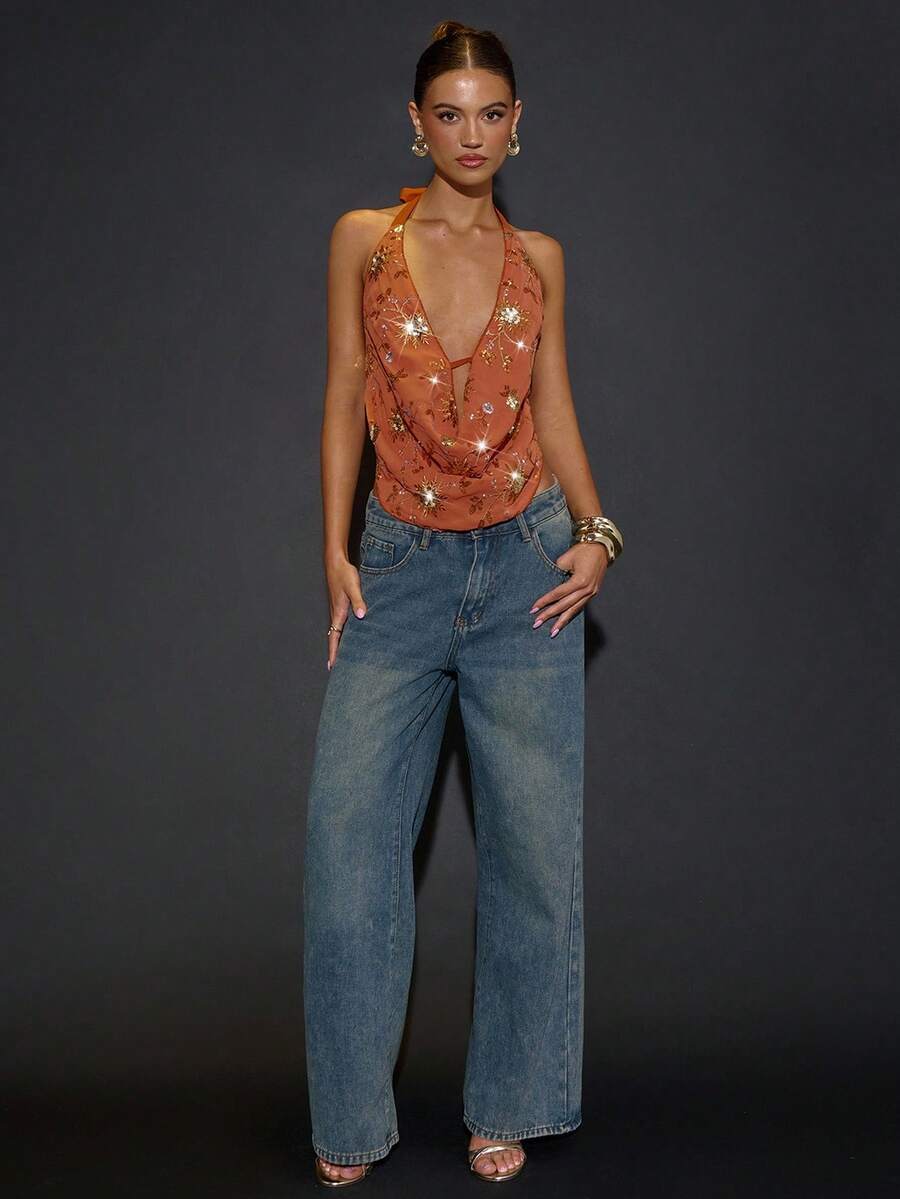 SHEIN BAE 女士休闲性感露背系带亮片衬衫 - 橘色 - 查看 1