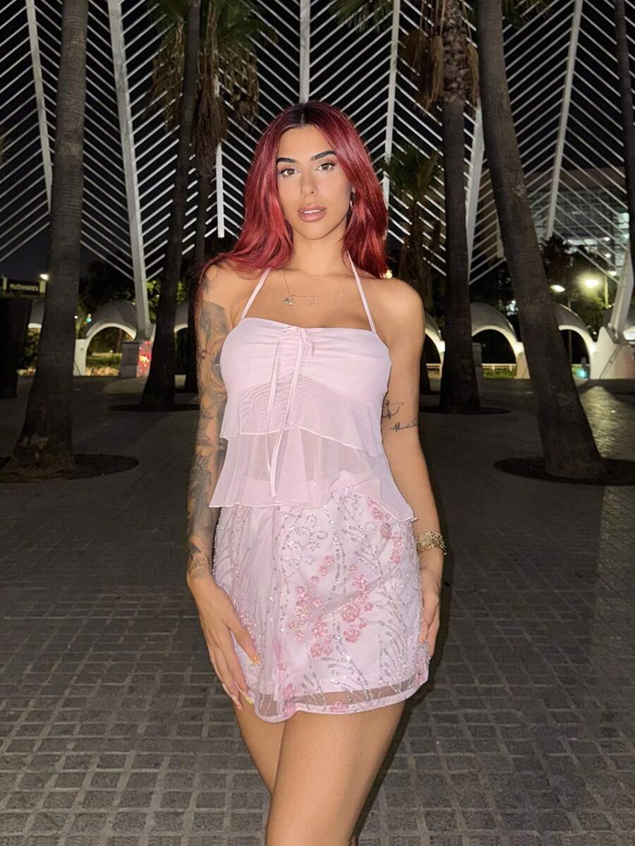 Bearsaez Falda larga de tiro bajo con tirantes de espagueti, textura de lentejuelas y color rosa, ideal para vacaciones y playa; Falda con estampado floral, cuentas y lentejuelas incrustadas, color rosa - Rosa - Ver 1