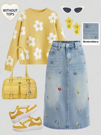 SHEIN Girlism Tween Girls Y2K Light Washed High Waist Bowknot Flowers Embroidered Pocketed Cute Long Skirt Casual Baggy Jeans Skirt, Girls Fall Winter Back To School Homecoming Jeans,Girls Pants Streetwear Vintage Outfits,Comfortable And Versatile, For 8-12 Years Old Girls, Suitable For School, Home And Travel, Denim Skirt, Aesthetic Clothes For Girls, Sunflower Clothes, Yellow Girl Outfit,