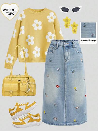 SHEIN Girlism 少女Y2K浅色水洗高腰花朵刺绣口袋可爱长款牛仔裙，休闲宽松牛仔裙，秋冬返校季牛仔裤，街头复古风，舒适百搭，适合8-12岁女孩，适合上学、居家和旅行。