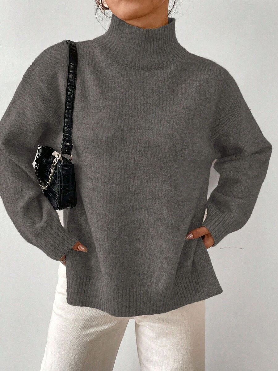 SHEIN LUNE 女式休闲纯色立领侧开衩毛衣,秋冬 - 深灰色 - 查看 1