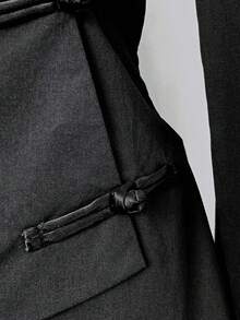 Elamini 黑色亚麻面料前开中式领扣不对称下摆长袖夹克女款秋冬复古中国风优雅学院风办公室设计百搭日常穿着 - 黑色 - 查看 5