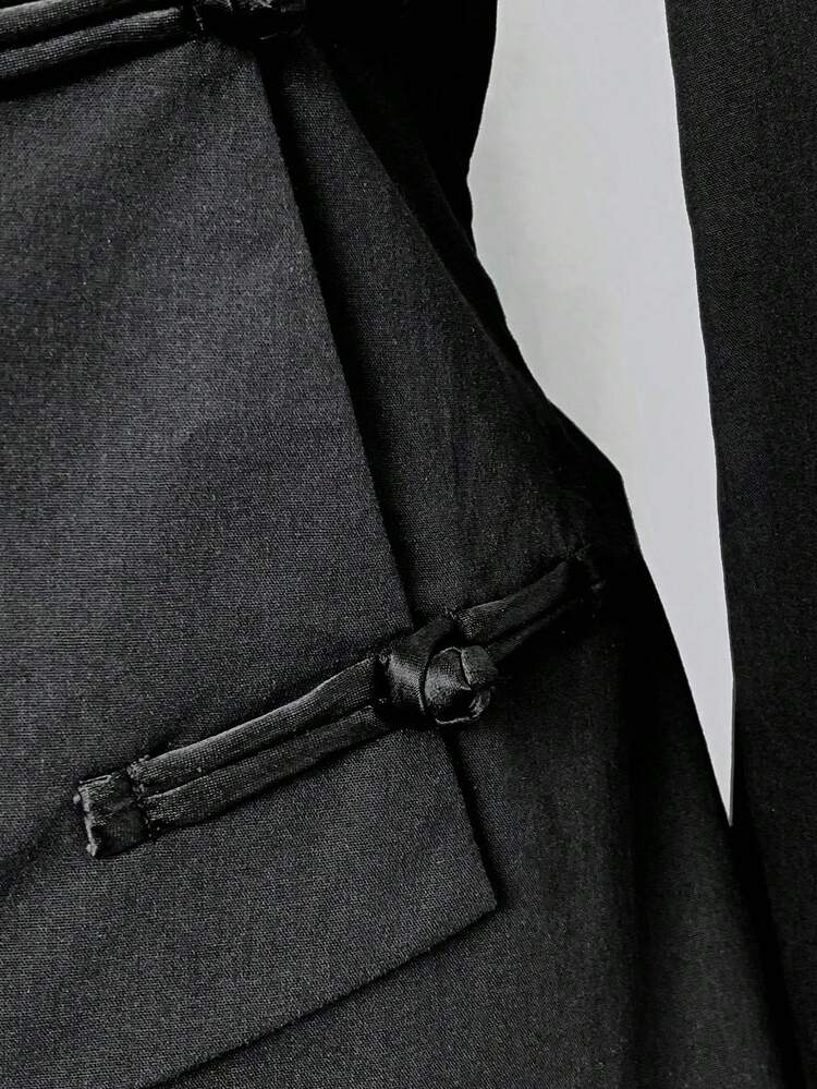 Elamini Black Linen Fabric Open Front Mandarin Collar Button Asymmetrical Hem Long Sleeve Jacket For Women, Autumn/Winter Vintage Chinese Style Elegant Academic Office Design Versatile Daily Wear - Black - View 5