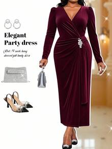 Fleurora Elegantes, bescheidenes Büro-Vintage-Burgunderkleid aus Cord, V-Ausschnitt, Wickel, gerade, Diamant-Kettenhemd, Puffärmel, Herbstkleid für Frauen, Winterkleid, Halloween-Kostüm für Frauen, Weihnachtskleidung für Frauen, langes Abendkleid, Hochzeitsgast-Kleid, Kleid für Hochzeitsgäste, Abendkleid, elegantes Kleid, glitzerndes Kleid, Burgunder-Cord-Kleid - Bordeaux - Übersicht 2