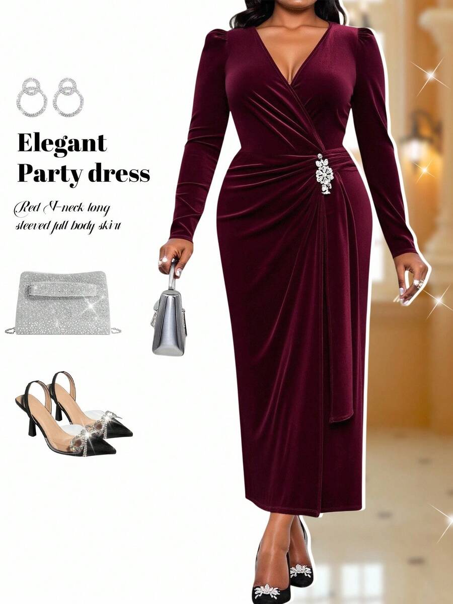 Fleurora Elegantes, bescheidenes Büro-Vintage-Burgunderkleid aus Cord, V-Ausschnitt, Wickel, gerade, Diamant-Kettenhemd, Puffärmel, Herbstkleid für Frauen, Winterkleid, Halloween-Kostüm für Frauen, Weihnachtskleidung für Frauen, langes Abendkleid, Hochzeitsgast-Kleid, Kleid für Hochzeitsgäste, Abendkleid, elegantes Kleid, glitzerndes Kleid, Burgunder-Cord-Kleid