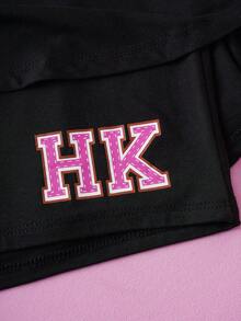 HELLO KITTY AND FRIENDS | SHEIN Women's Letter & Cartoon Graphic Contrast Trim Short Sleeve Top And Skirt Pants 2 Piece Set, Black - Black - View 8