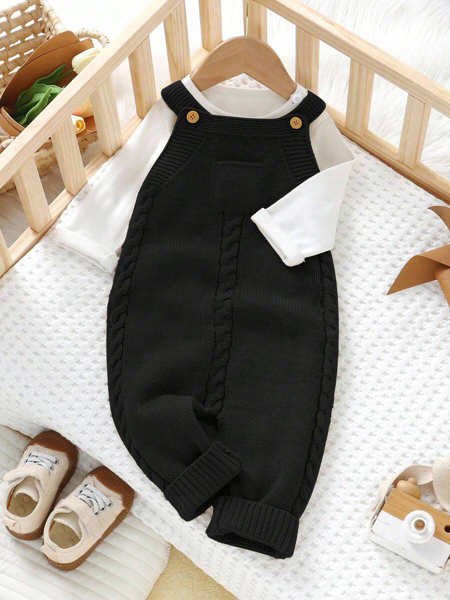SHEIN Unisex Baby Casual Minimalist Light Green Knitted Jumpsuit With Suspenders Baby Boy Overall Set Black Baby Clothes Black And White Outfit Baby Tuxedo Onepiece Newborn Black Outfit Fall Winter - Black - View 1
