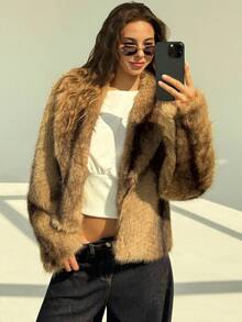Aloruh Women's Winter Long Sleeve Open Front Fashionable Loose Faux Fur Coat