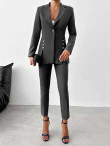 SHEIN Cottnline Women's Simple Solid Color Lapel Collar Blazer And Belted Suit Pants Set, Suitable For Work And Commute - Dark Grey - View 4