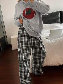 DAZY Women's Tomato Graphic Print Hoodie & Plaid Pants Pajama Set, Autumn/Winter, Fall Clothes - Grey - View 6