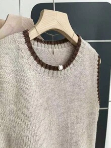 Franclia Casual Loose Crew Neck Sleeveless Knit Contrast Trim Khaki Sweater Top For Women, Spring/Autumn - Brown - View 4