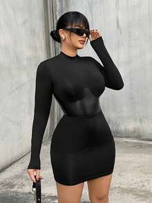 SHEIN SXY Plus Size Women's New Arrival Black Stand Collar Waist PU Splice Long Sleeve Bodycon Mini Dress, Autumn/Winter