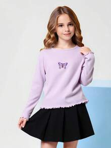 SHEIN Tween Girl Basic Casual Knit Butterfly Patch Stretchy Long Sleeve T-Shirt, New Autumn Collection - Mauve Purple - View 2