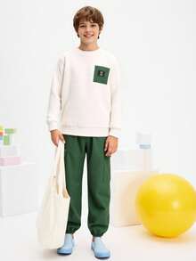 Leap Crew Tween Boy Letter Print Crew Neck Long Sleeve Sweatshirt And Cargo Pants Casual Suit, Autumn Fall Winter - Mint Green - View 5