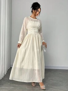 Gloray Women's Elegant Sequin Sheer Waist Cinched Long Sleeve Round Neck Dress