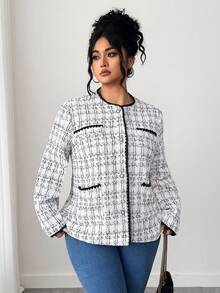 Elenzga Plus Size Shell Lace Tweed Jacket Winter Fall Autumn - Black and White - View 7