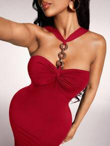 Radiana 女士性感优雅简约时尚红色金属链吊带紧身中长连衣裙，适合约会、聚会、派对、日常外出、正式礼服 - 紅色 - 查看 1