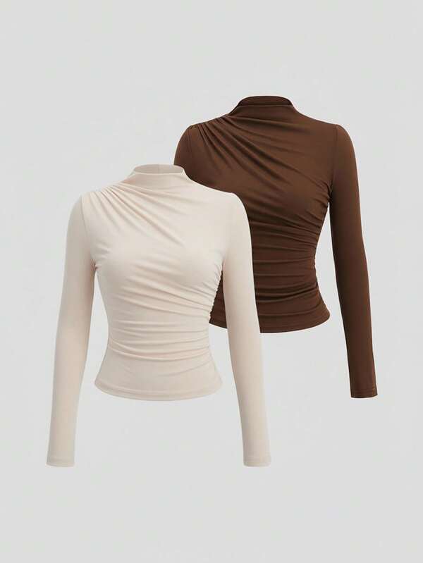 Sweetra Camiseta feminina de cor sólida Y2K, sexy, gola simulada, manga comprida franzida