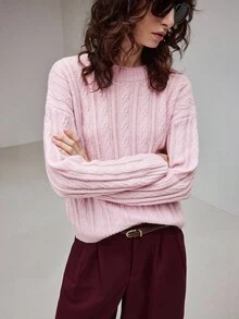 Ontre 2025 New Arrival Women's Knitted Blend Sweater, Solid Color, Modern Urban Style, Pink, Soft Knit Fabric, Loose H-Line Silhouette, Round Neck, Business Casual, Commuter, Daily Wear, Autumn/Winter, Cable Knit Pattern, Suitable For Halloween, Christmas, Vacation Party, Wedding Guest, High-End Design, Ladies Outerwear Top, Comfortable & Versatile, Fashionable Women Sweater
