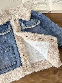 Vintaside Kids 女婴保暖衬里牛仔夹克，翻领长袖，时尚外套，适合旅行、度假、日常休闲装，秋冬