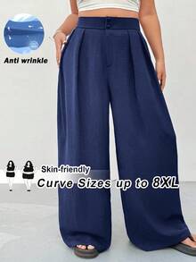 SHEIN CURVE+ Curves 大码/学校服装/返校服装/返校大码女士办公室服装，黑色高腰直筒休闲裤，简约时尚，适合日常穿着 - 藏蓝色 - 查看 8