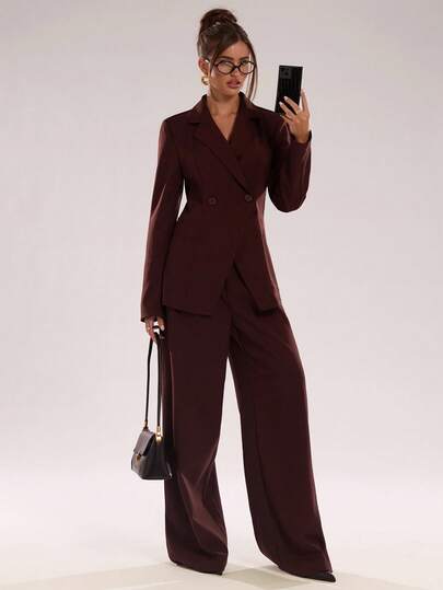 SHEIN BAE Women's Autumn/Winter Burgundy Solid-Color Suit Set A Stylish Choice For Commuting Women's Tailoring Set Autumn/Winter Workwear Ensemble Ideal For Professional Settings Christmas Women's Clothing
