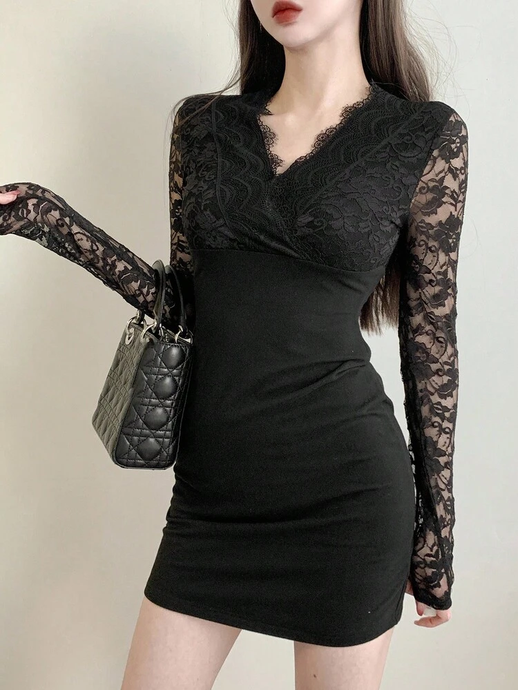 Women's Solid Color V-Neck Lace Patchwork Fitted Sexy Dress