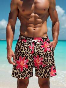Manfinity Swimmode Men's Leopard Floral Pattern Elastic Waist Drawstring Casual Beach Shorts, Versatile For Summer