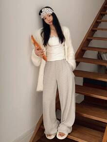 DAZY 3件套女士仿皮草开衫、吊带背心和条纹直筒裤家居服套装，秋冬睡衣，舒适套装 - 白色 - 查看 6