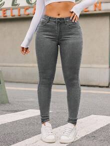 SHEIN ICON Quần jean lưng thấp dáng ôm, giặt thường ngày cỡ lớn - Màu Xám nhạt - Xem 5