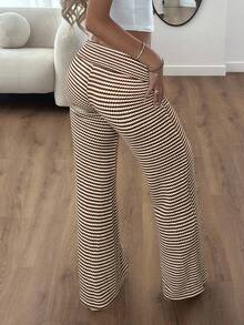 CovetEZ 休闲通勤日常条纹阔腿裤 - 棕色 - 查看 2