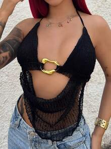 Bearsaez Women's Summer Sexy Bohemian Beach Vacation Concert Women Halter Neck Tie Metal Decoration Crochet Summer Tops, Summer,Club Sexy Top - Black - View 3